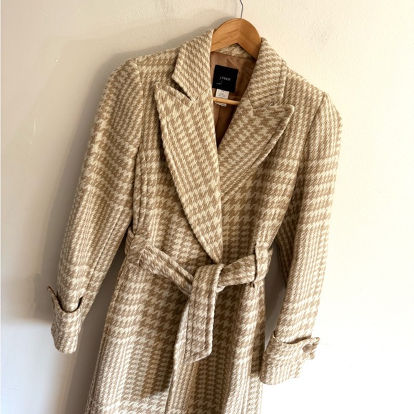Vintage J. Crew Houndstooth long Wool Coat Tan Cream Size 4 P Checkered belted - Picture 2 of 16
